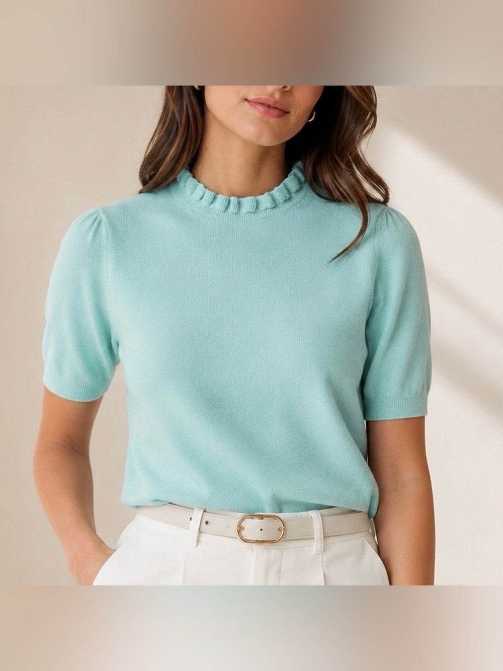 J Crew Ruffled Mock Neck Short Sleeve Sweater Mint Green